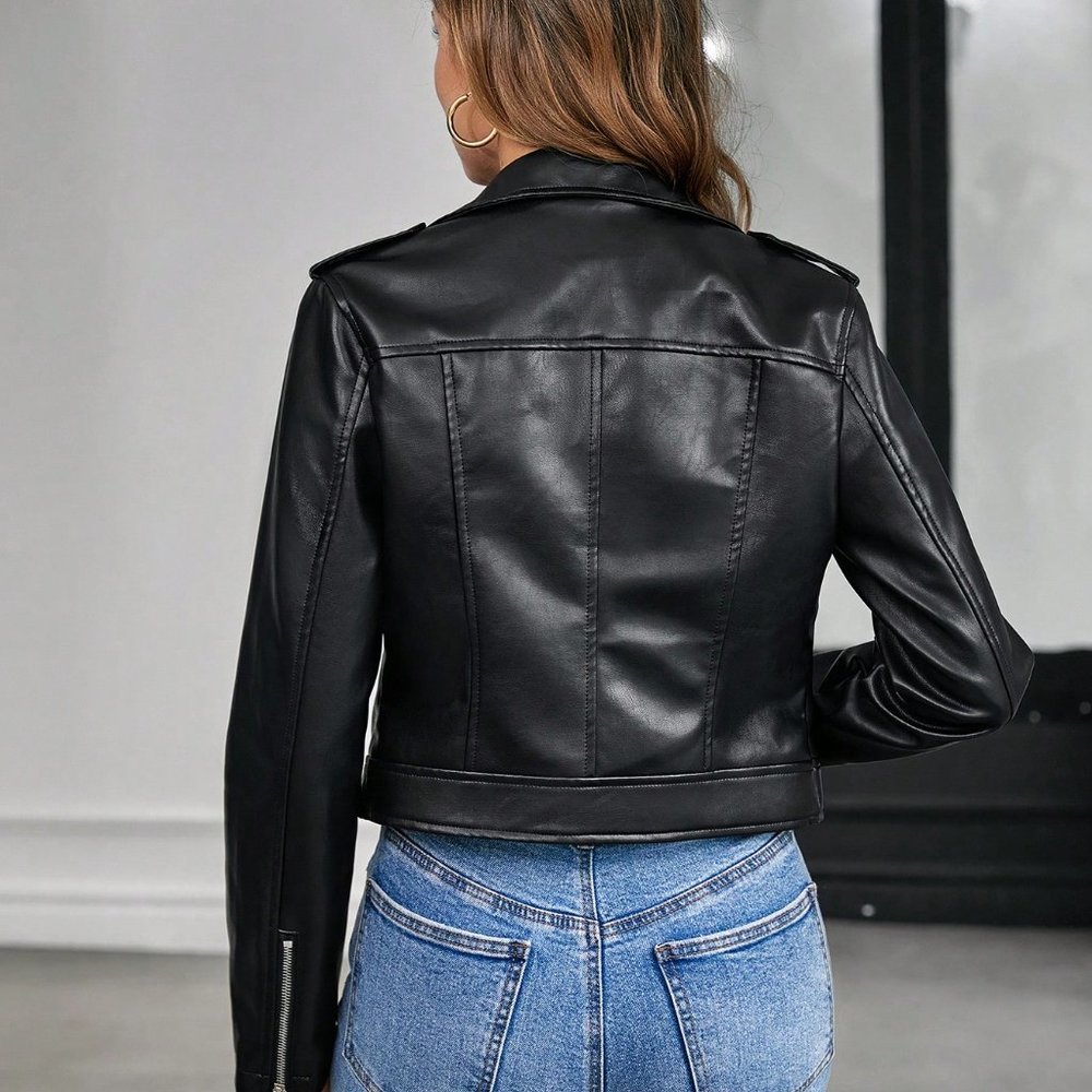 Black Preppy Womens Zip Up PU Leather Moto Jacket - Picture 2 of 5